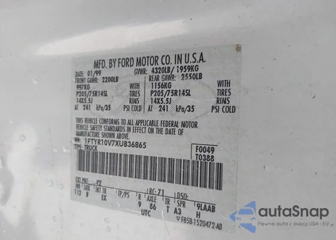 1999 Ford Ranger Xl/Xlt z USA, uszkodzony, nr VIN 1FTYR10V7XUB36865